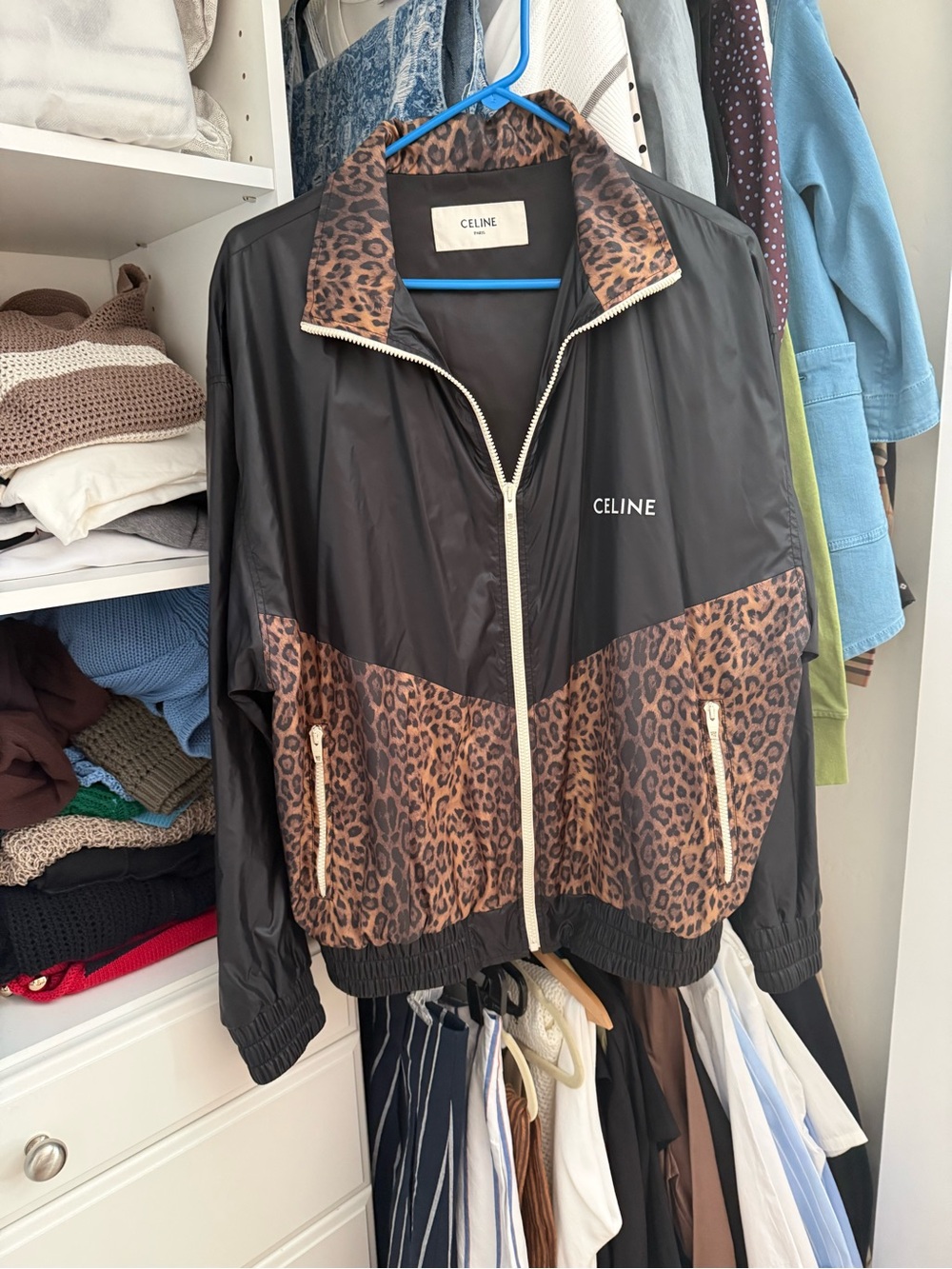 CELINE Women's Black & Brown Leopard Print Zip Jacket/ windbreaker Sz 46